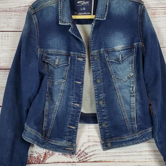 Silver jeans Co. Y2K Jean Jacket Blue Fade Button Pockets Denim Coat Size Large - Picture 3 of 11
